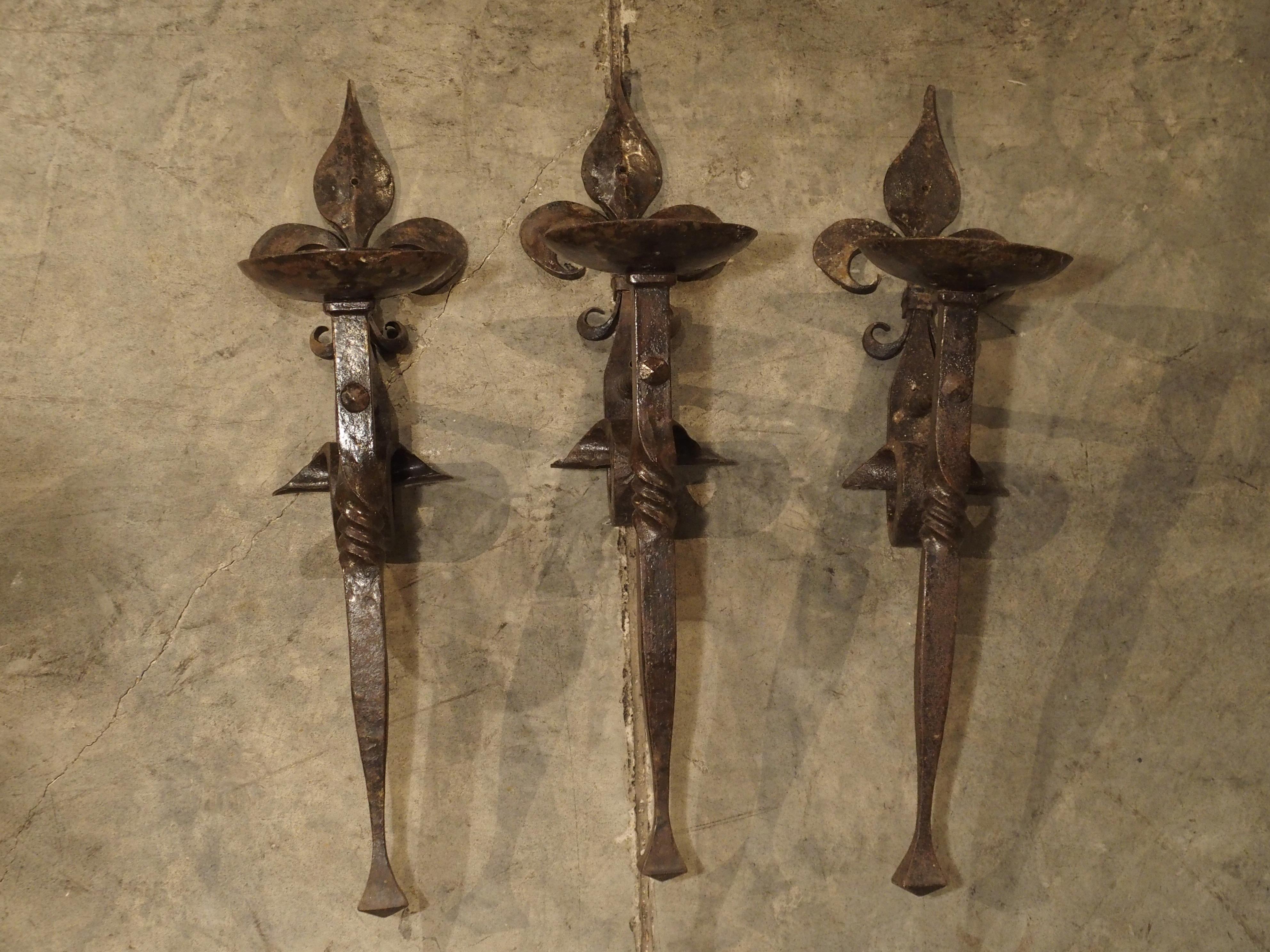 Early 20th Century Set of 3 Antique Forged Iron Sconces from France, circa 1900