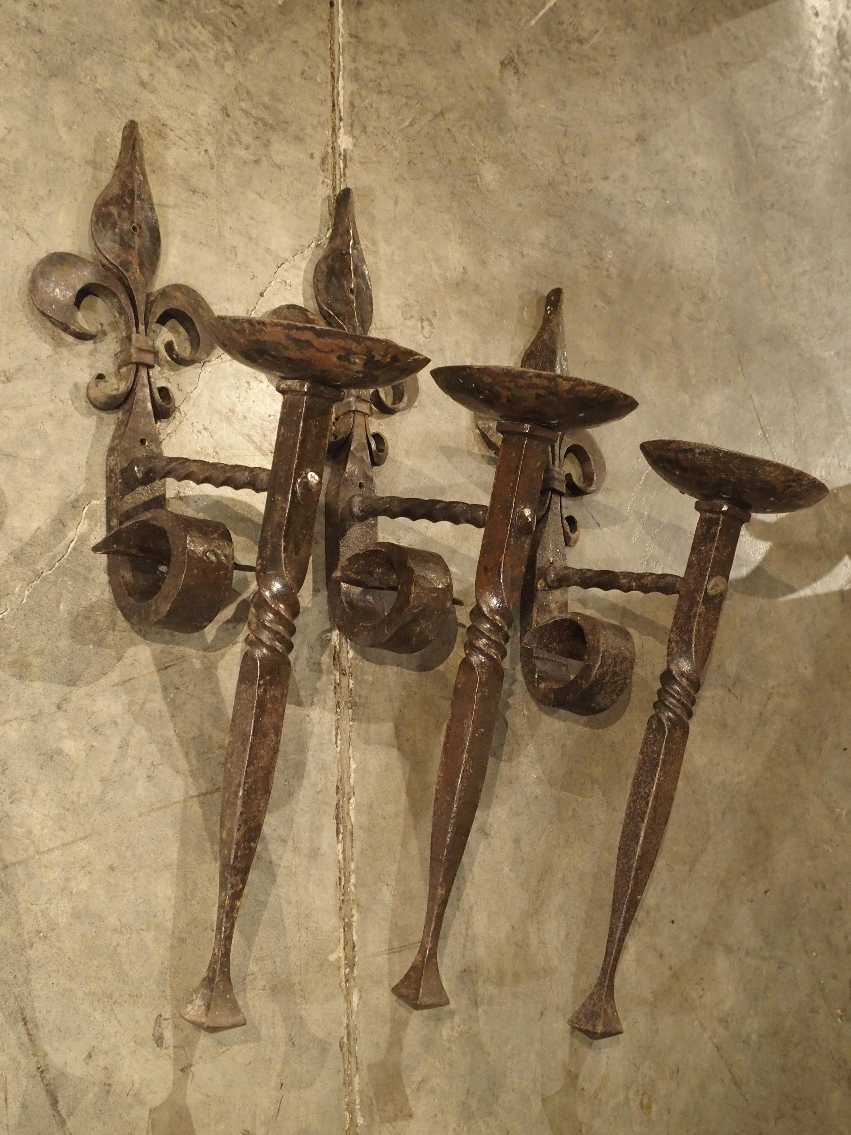 Wrought Iron Set of 3 Antique Forged Iron Sconces from France, circa 1900