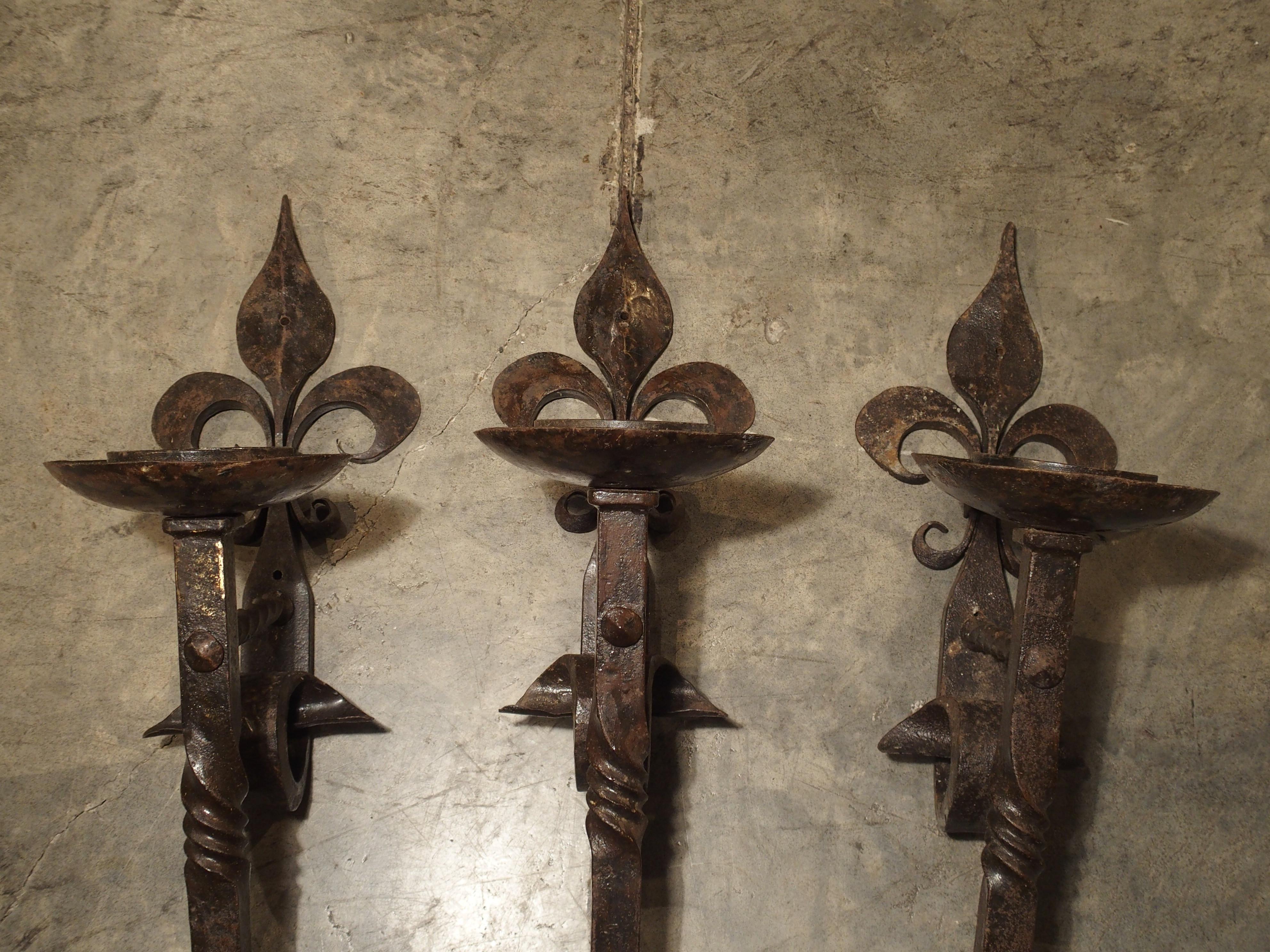 Set of 3 Antique Forged Iron Sconces from France, circa 1900 2