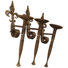 Set of 3 Antique Forged Iron Sconces from France, circa 1900