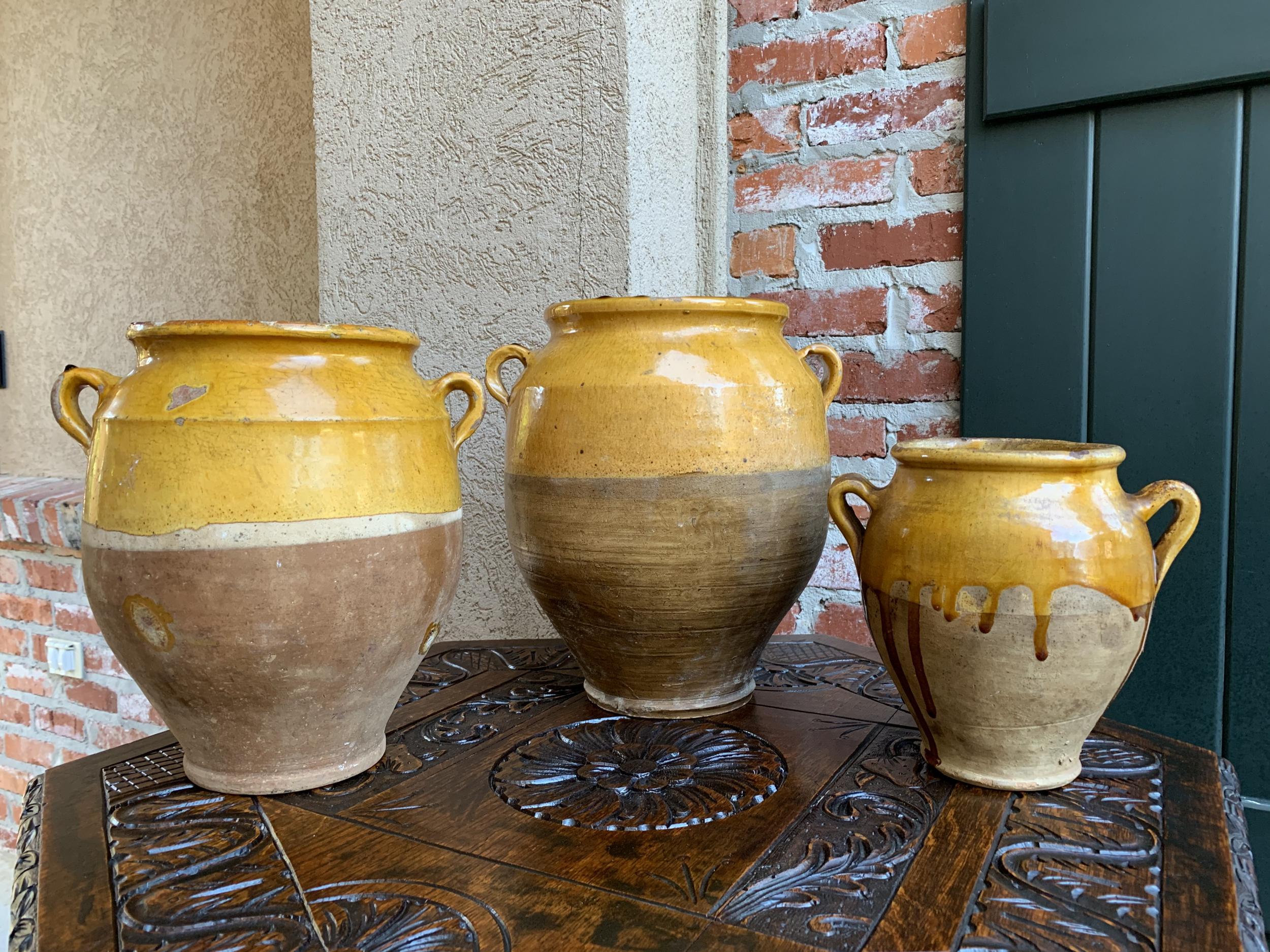Set of 3 Antique French Confit Pot Yellow Glazed Pottery Provence, 19th Century 9