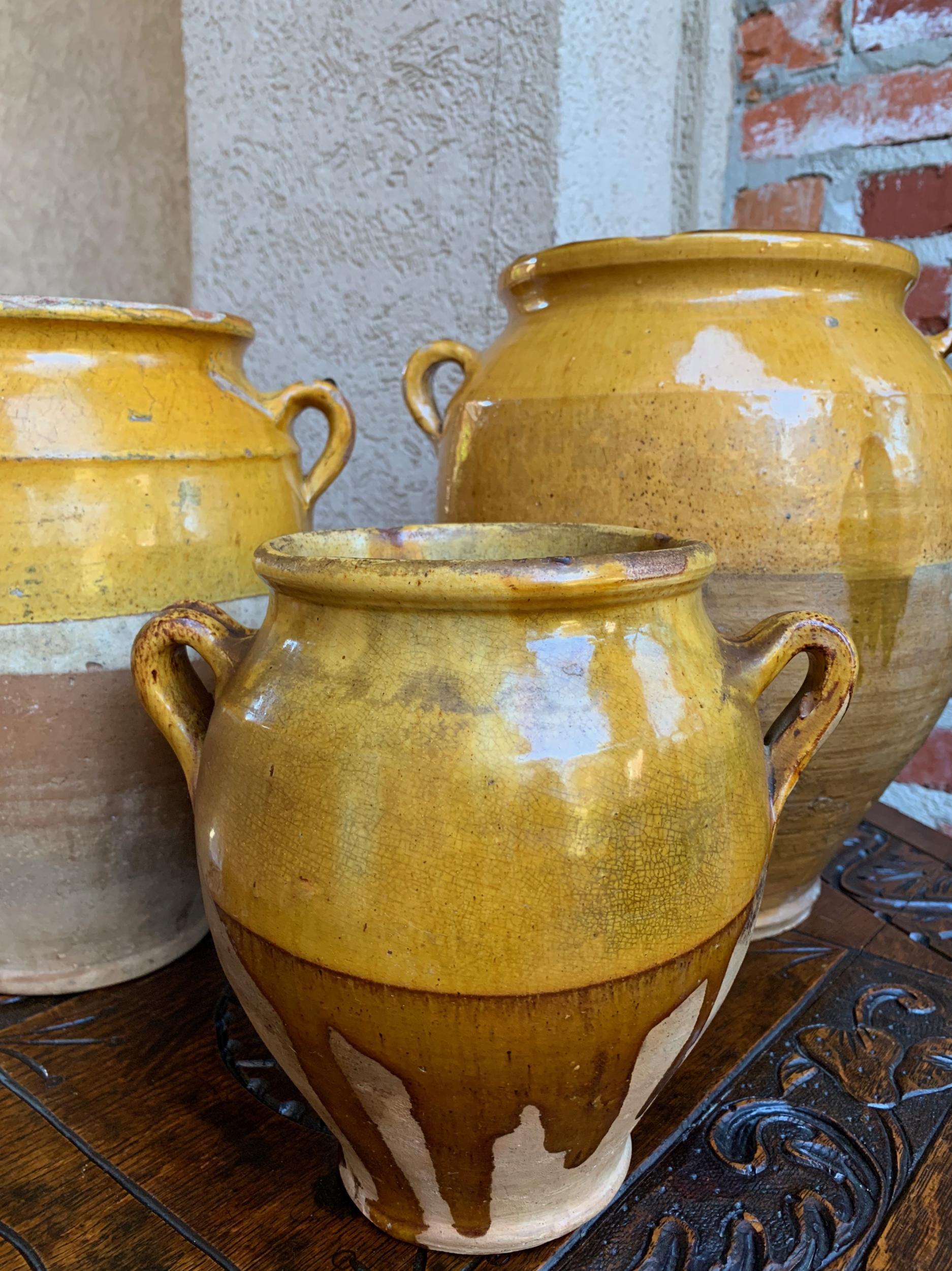 Set of 3 Antique French Confit Pot Yellow Glazed Pottery Provence, 19th Century 12