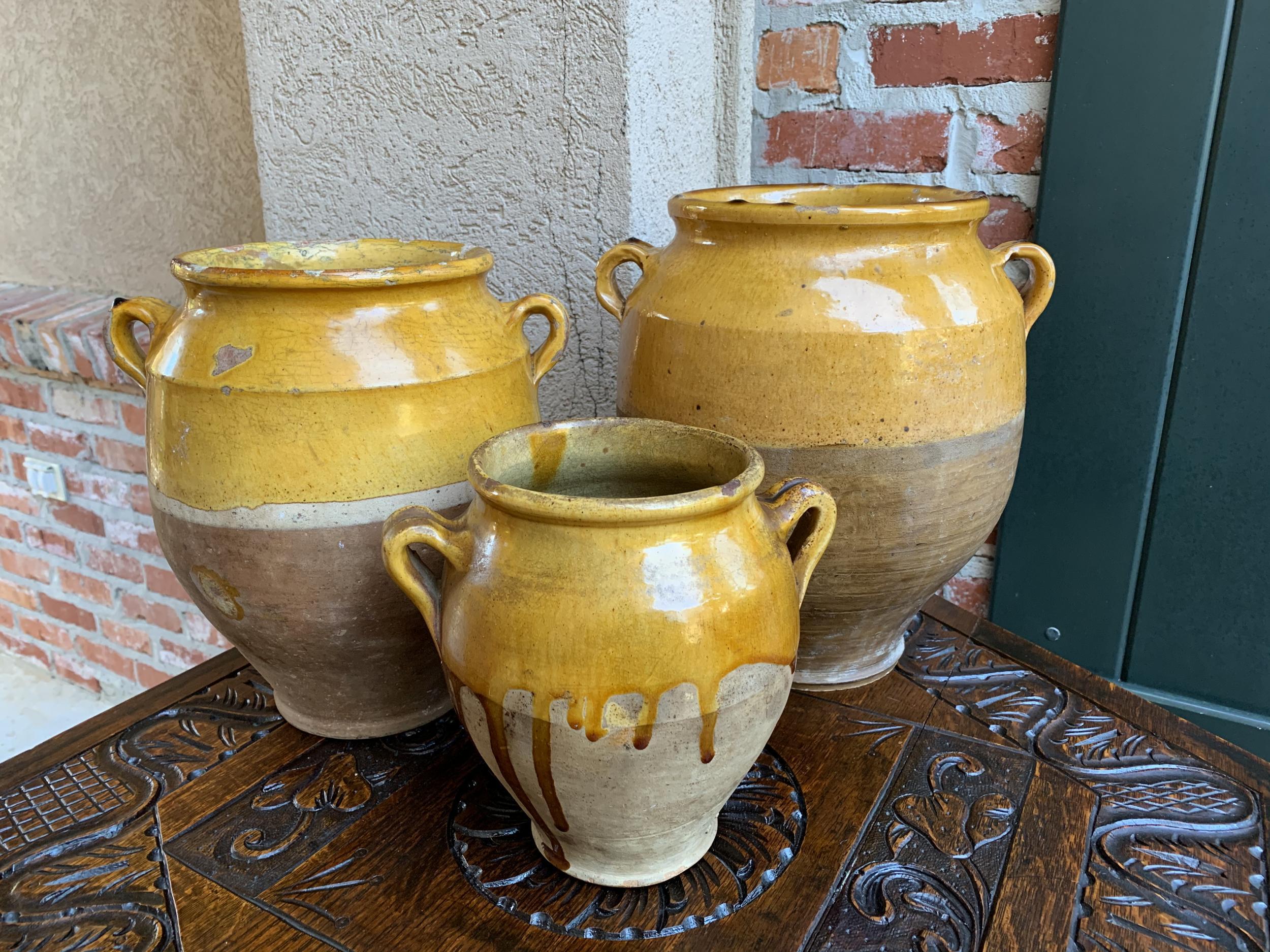 French Provincial Set of 3 Antique French Confit Pot Yellow Glazed Pottery Provence, 19th Century