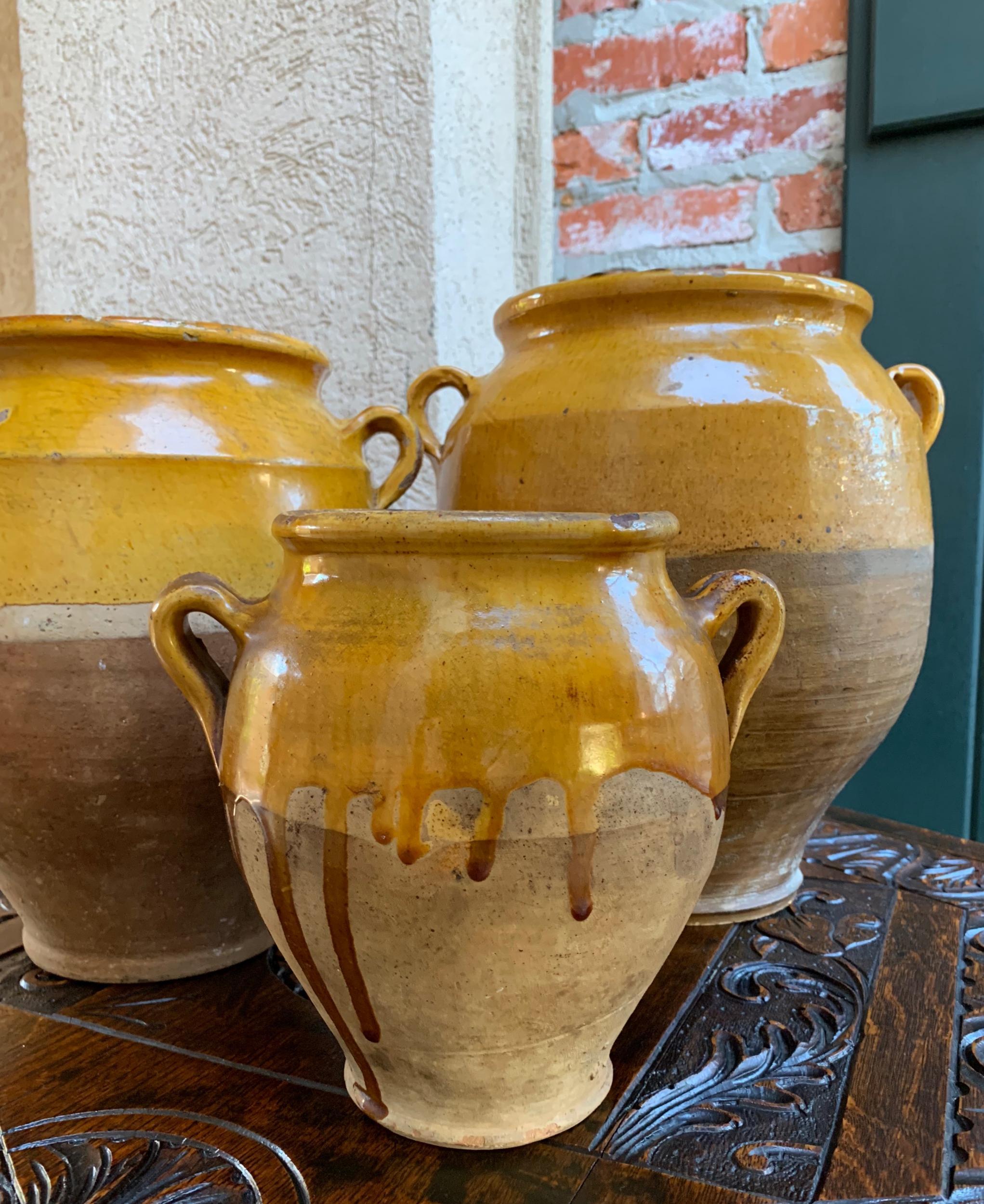 Set of 3 Antique French Confit Pot Yellow Glazed Pottery Provence, 19th Century 2