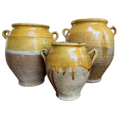 Set of 3 Antique French Confit Pot Yellow Glazed Pottery Provence, 19th Century