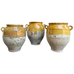 Set of 3 Antique French Confit Pot Yellow Glazed Pottery Provence, 19th Century