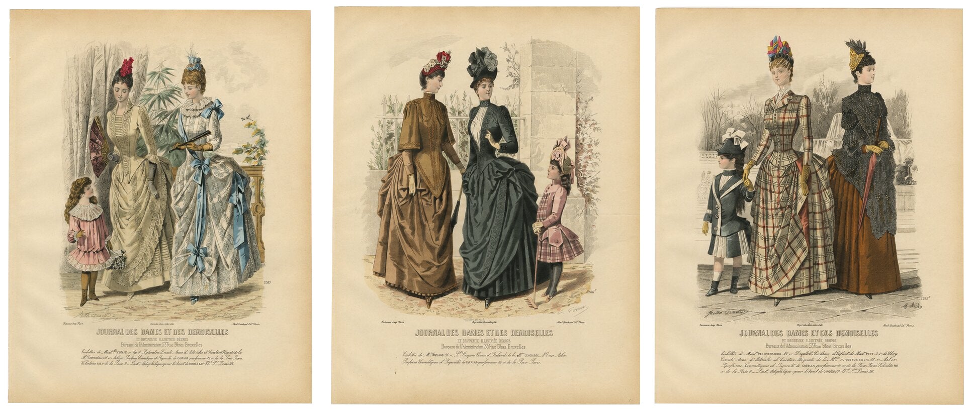 Set of 3 Antique French Fashion Plates, Paris Ladies & Children, c.1880