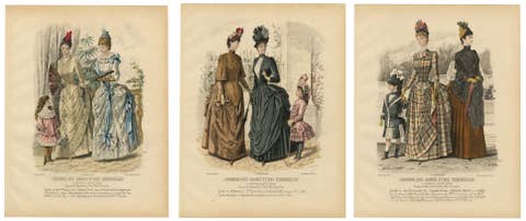 Set of 3 Antique French Fashion Plates, Paris Ladies & Children, c.1880