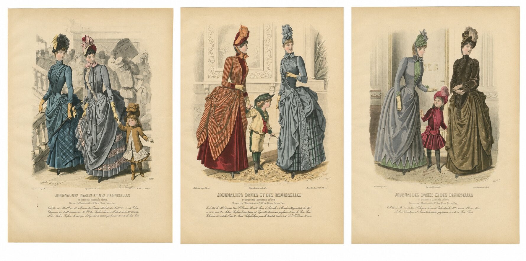 Set of 3 Antique French Fashion Plates, Paris Ladies & Children Scenes, c.1880