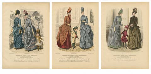 Set of 3 Antique French Fashion Plates, Paris Ladies & Children Scenes, c.1880