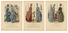 Set of 3 Antique French Fashion Plates, Paris Ladies & Children Scenes, c.1880