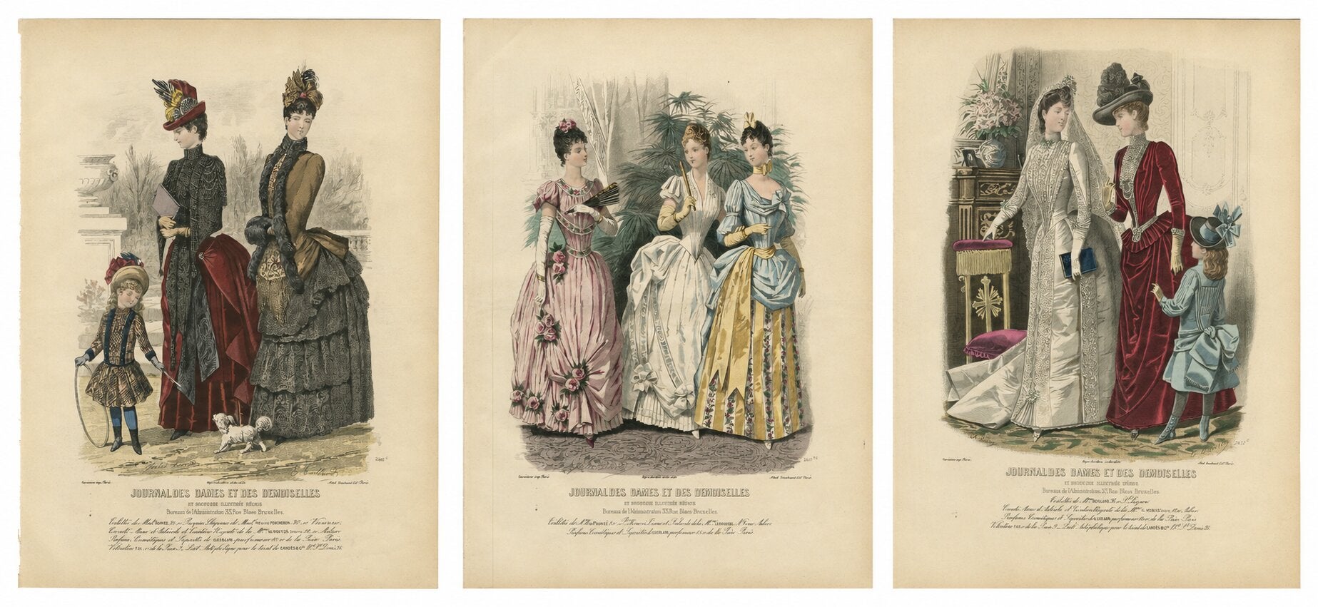 Set of 3 Antique French Fashion Plates, Paris Ladies, Lace & Velvet, c.1880