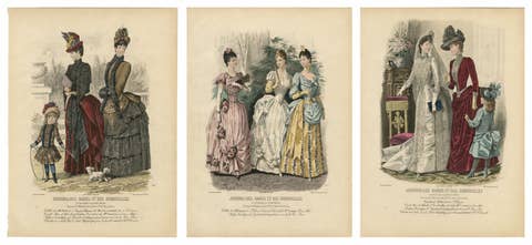 Set of 3 Antique French Fashion Plates, Paris Ladies, Lace & Velvet, c.1880