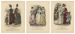 Set of 3 Antique French Fashion Plates, Paris Ladies, Lace & Velvet, c.1880