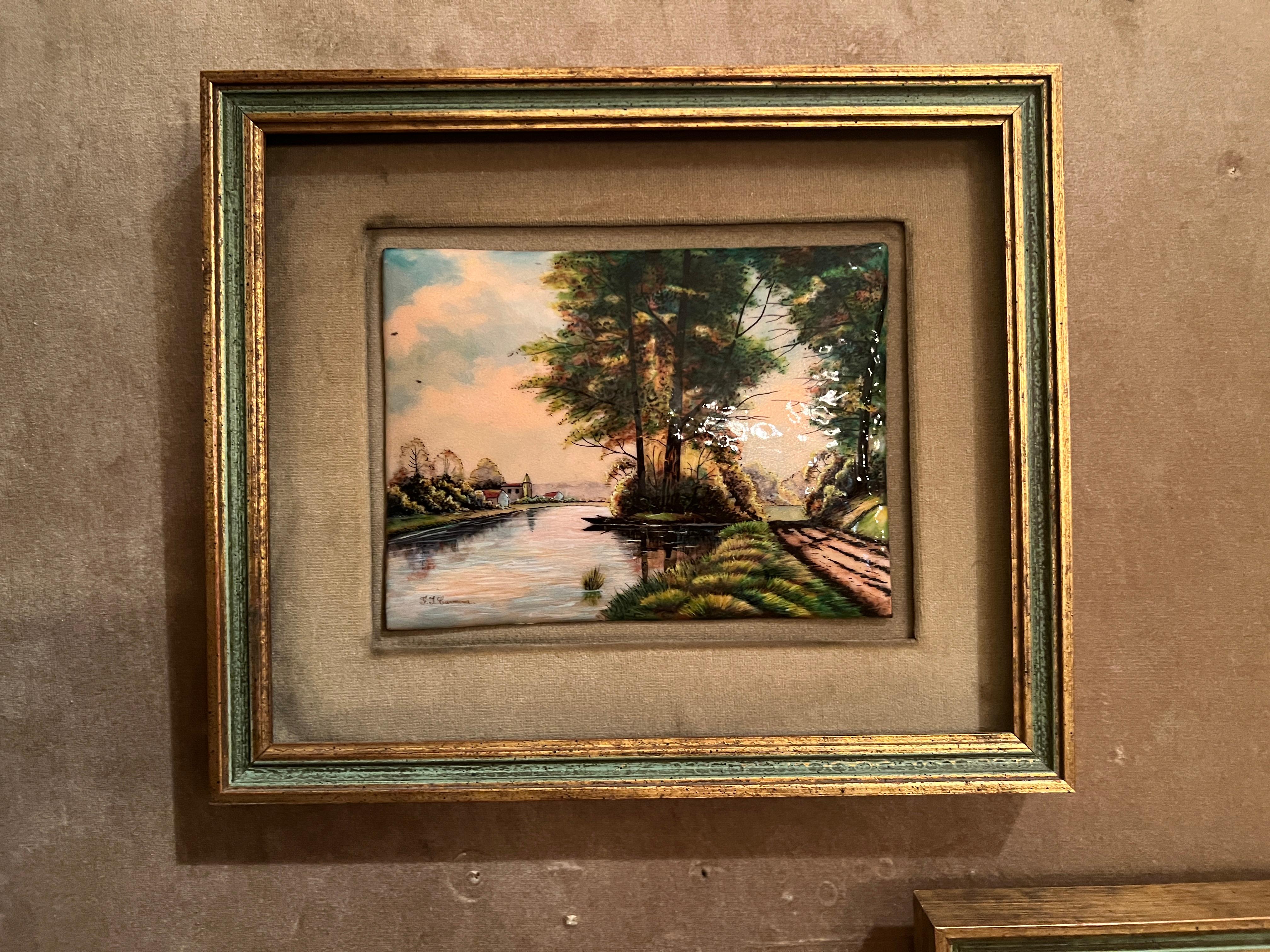 Set of 3 Antique French Limoges Framed Enameled Porcelain Plaques, Circa 1900's. In Good Condition For Sale In New Orleans, LA