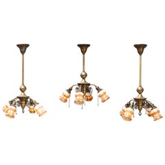 Set of 3 Antique French Louis XIV Style Brass 4-Light Chandeliers, circa 1910