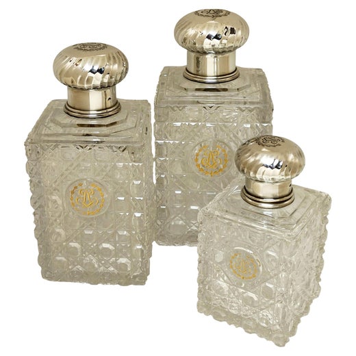 Set of 3 Antique French Silver Liqueur Decanters c1880 Oversized Cologne Bottles