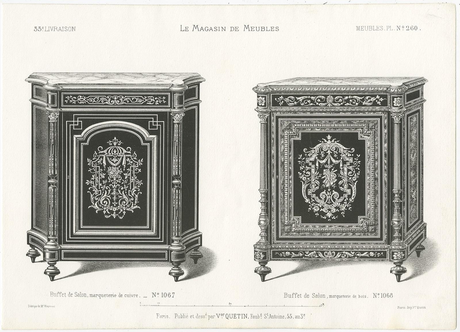 Set of three antique furniture prints depicting various buffets and a vitrine. These prints originate from 'Le Magasin de Meubles' by Victor Quetion. Published in Paris, circa 1860.