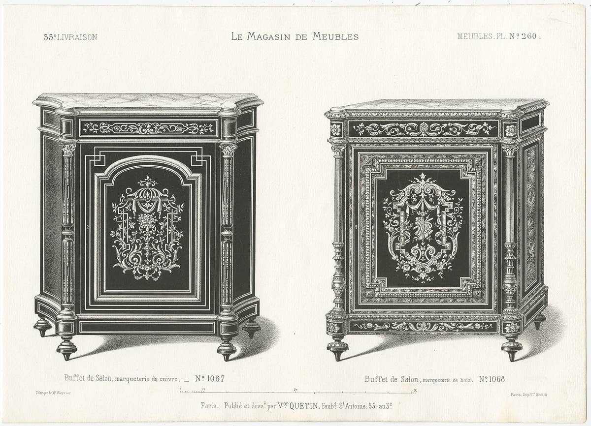 Set of 3 Antique Furniture Prints of Buffets and a Vitrine by Quetin