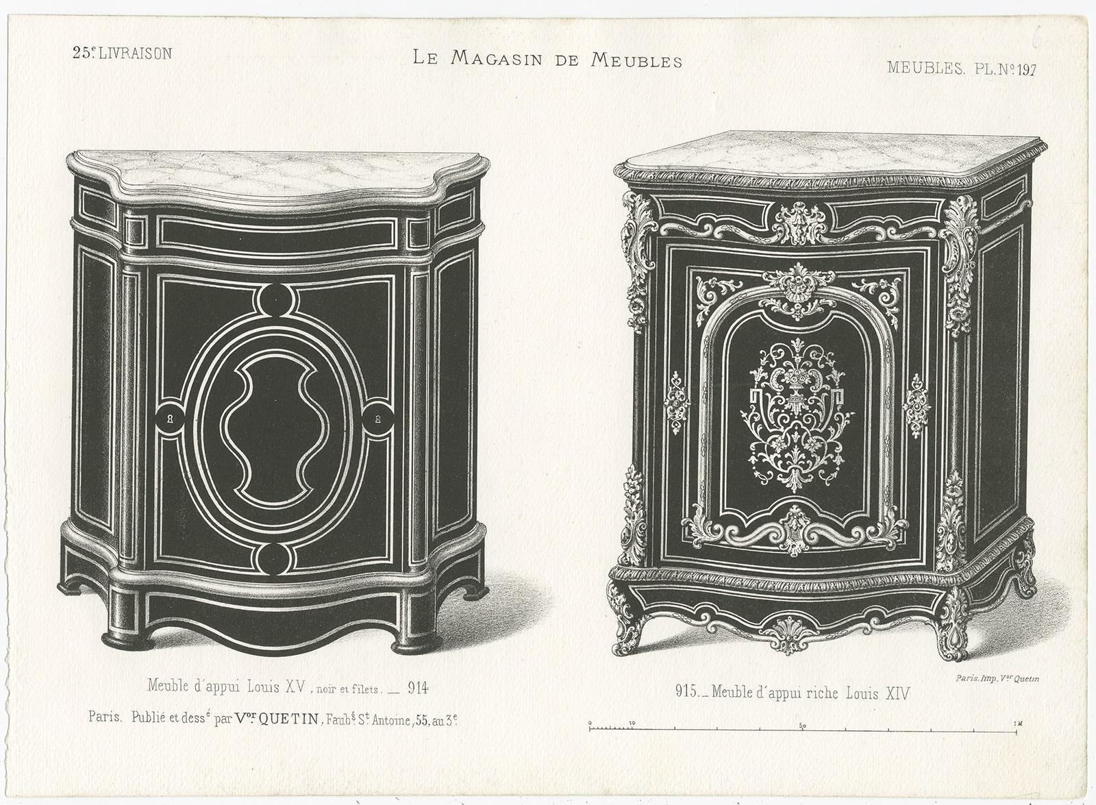 Set of 3 Antique Furniture Prints of Buffets and a Vitrine by Quetin In Good Condition For Sale In Langweer, NL