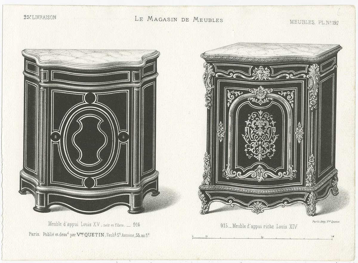 Set of 3 Antique Furniture Prints of Buffets and a Vitrine by Quetin