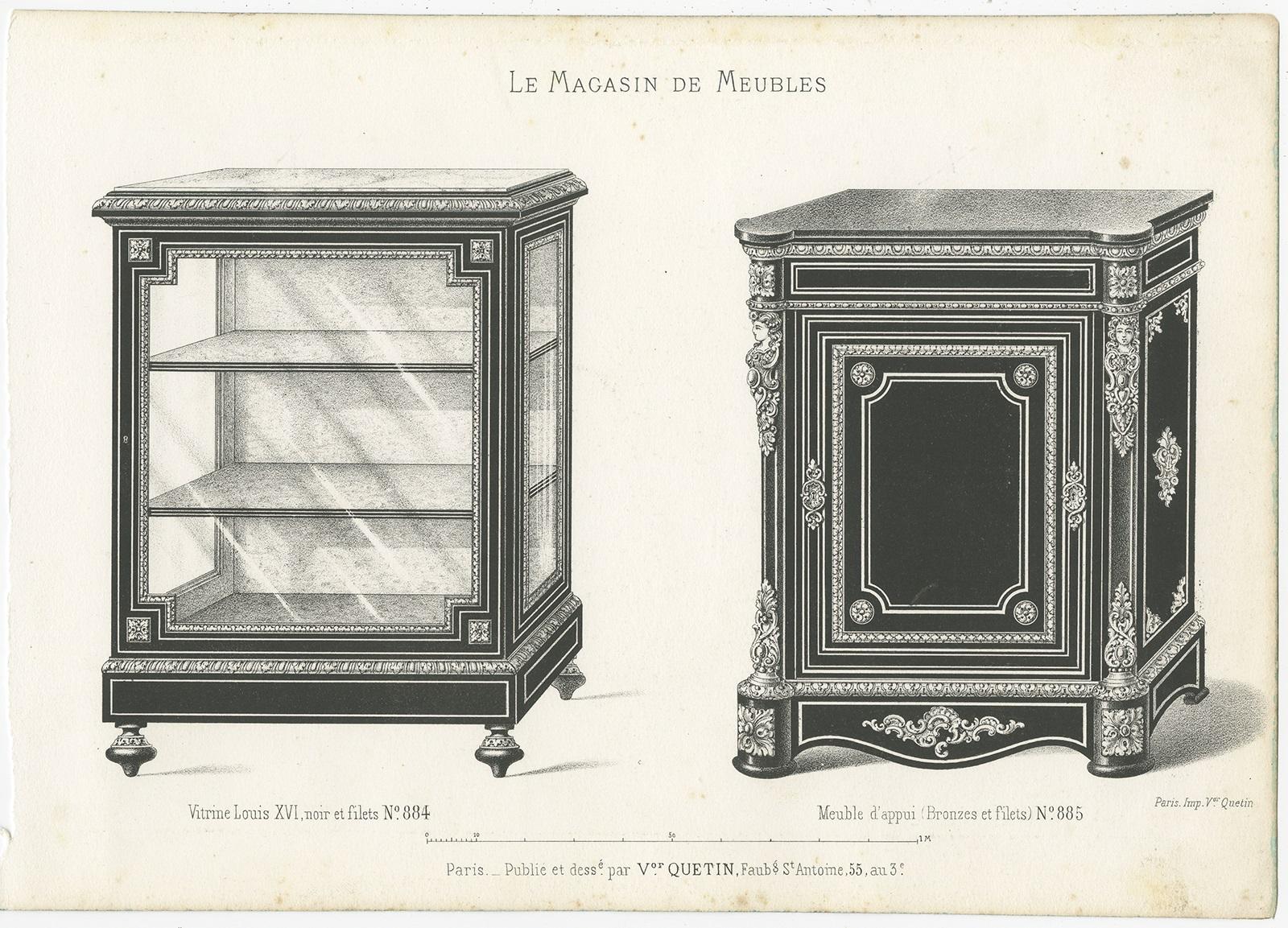 19th Century Set of 3 Antique Furniture Prints of Buffets and a Vitrine by Quetin For Sale
