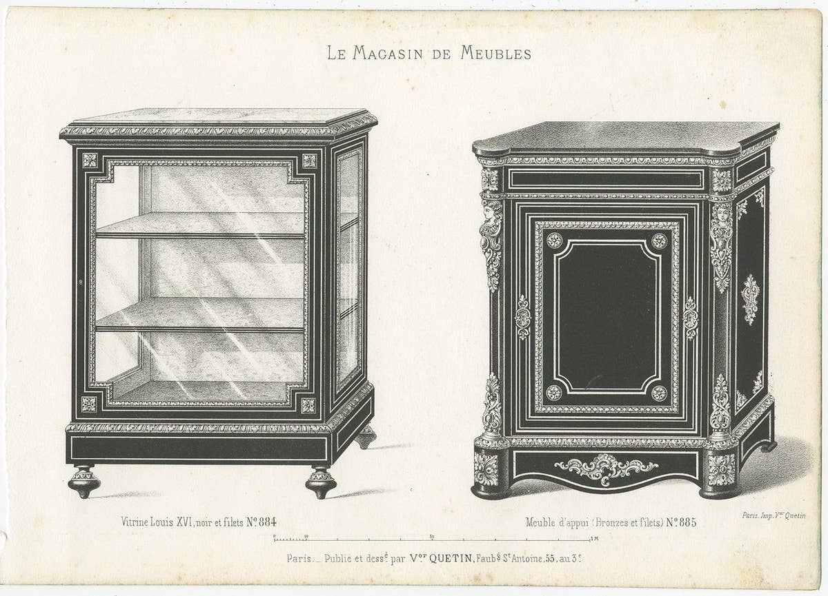 Set of 3 Antique Furniture Prints of Buffets and a Vitrine by Quetin