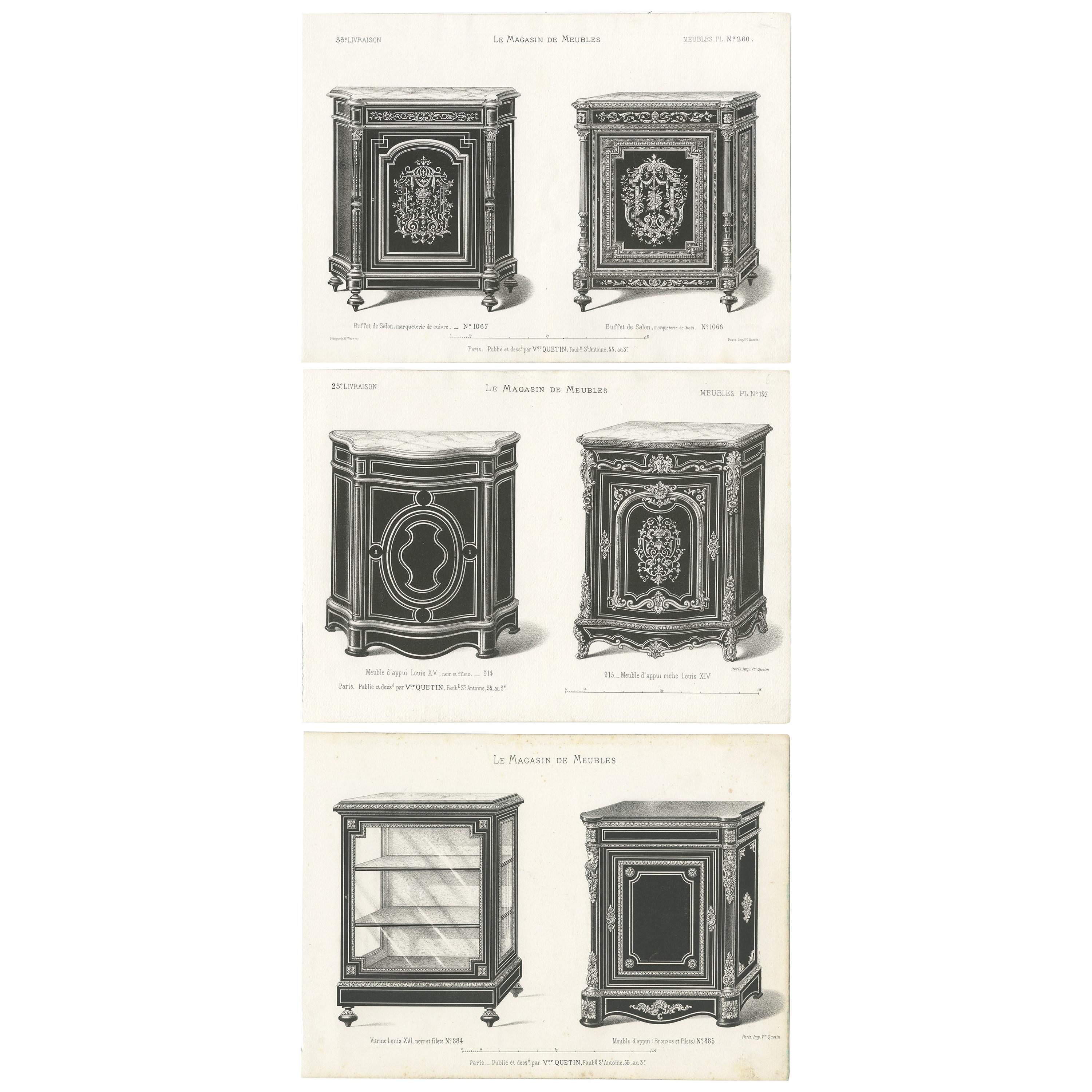 Set of 3 Antique Furniture Prints of Buffets and a Vitrine by Quetin For Sale