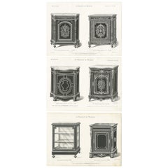 Conjunto de 3 grabados de muebles antiguos de aparadores y una vitrina de Quetin