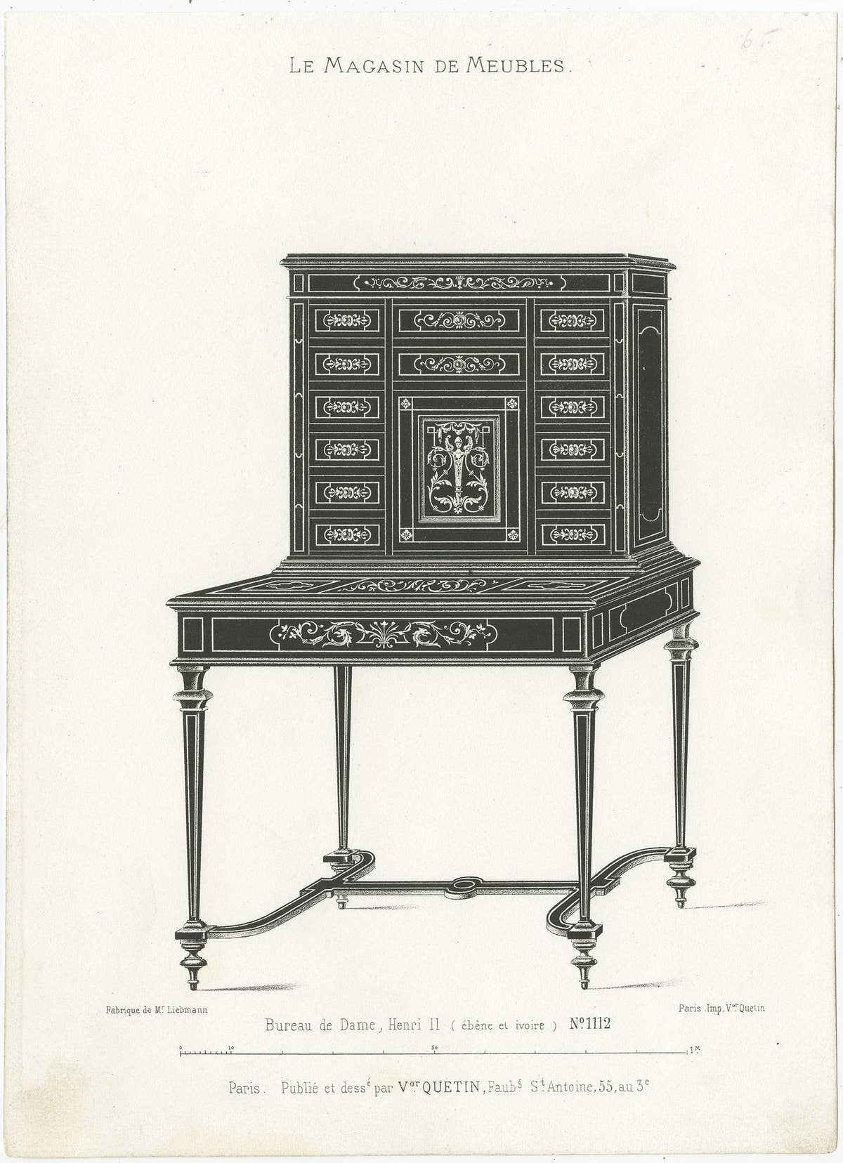 Set of 3 Antique Furniture Prints of Ladies Desks by Quetin, circa 1860