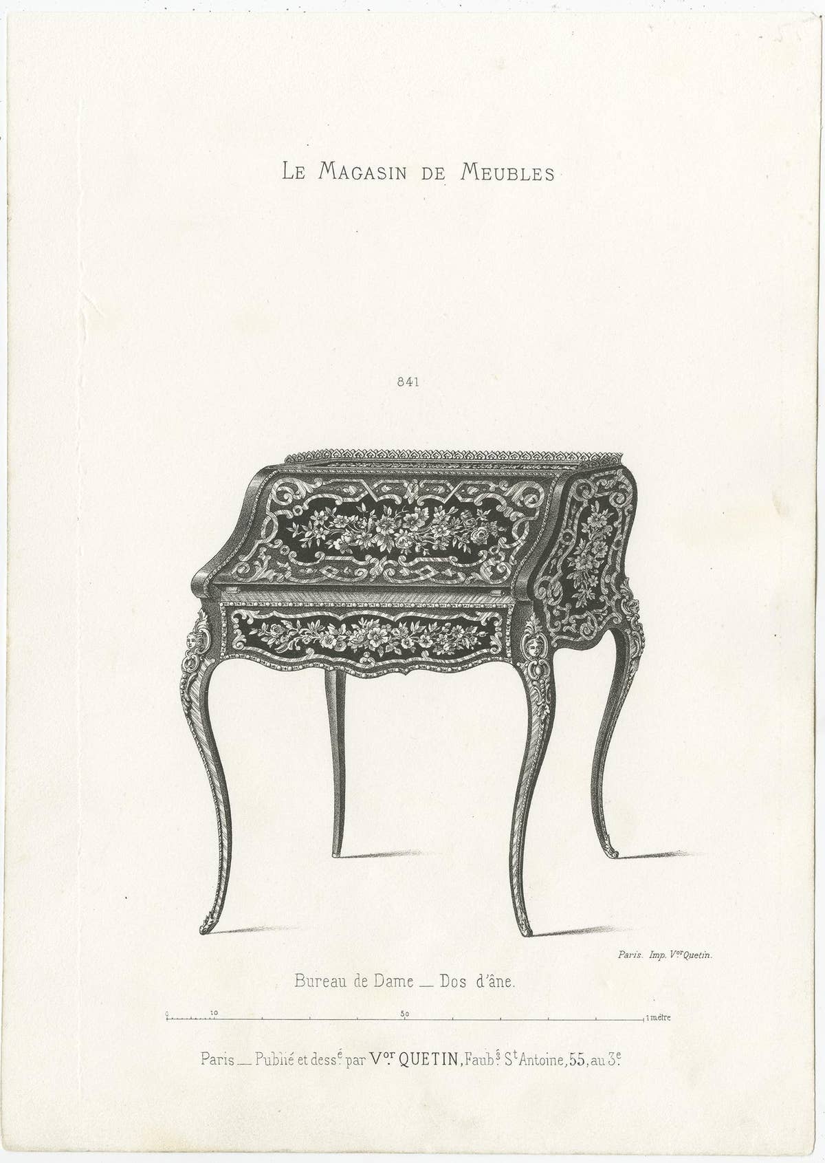 Set of 3 Antique Furniture Prints of Ladies Desks by Quetin, circa 1860