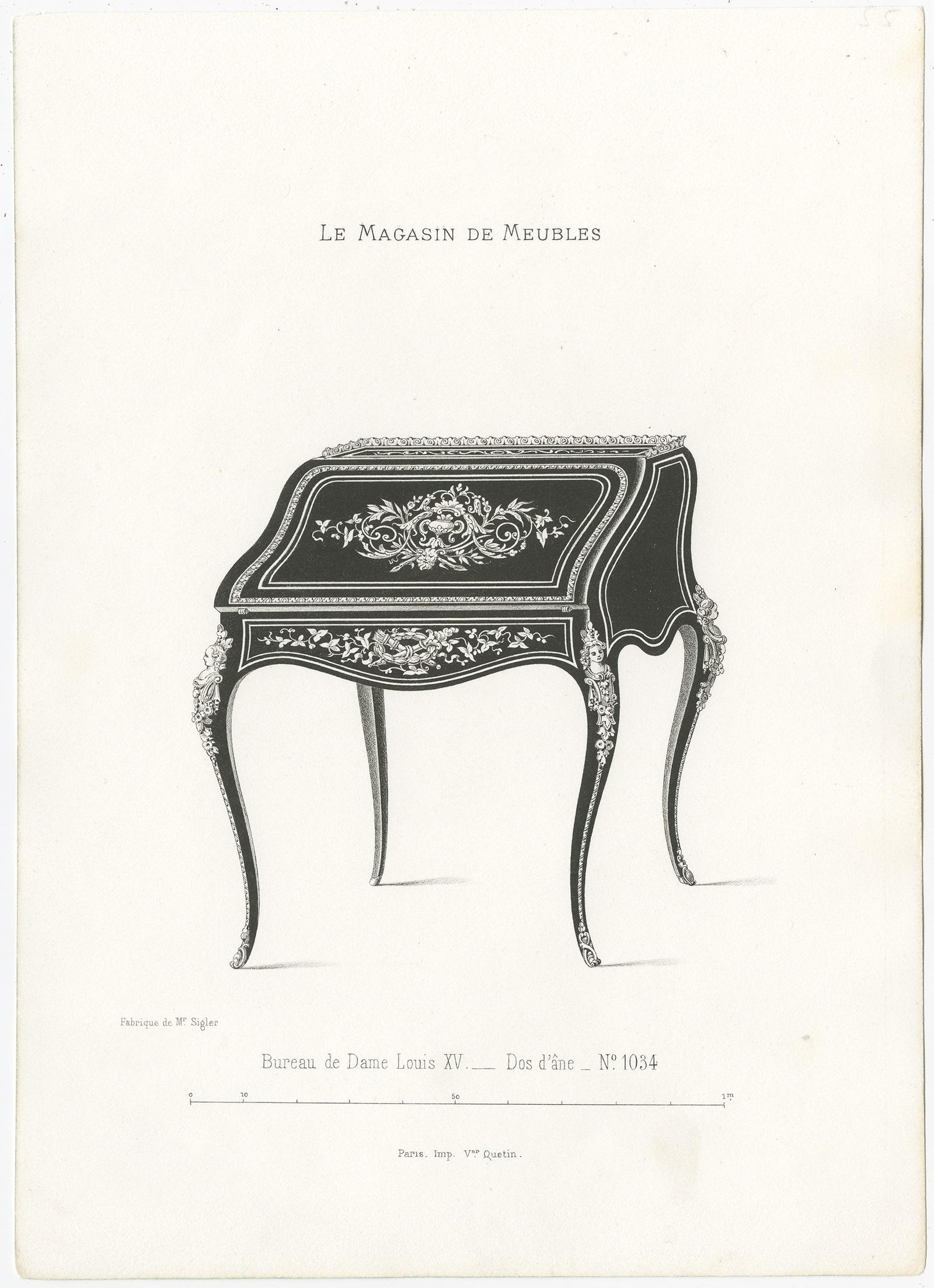 Set of 3 Antique Furniture Prints of Ladies Desks by Quetin, circa 1860 In Good Condition For Sale In Langweer, NL