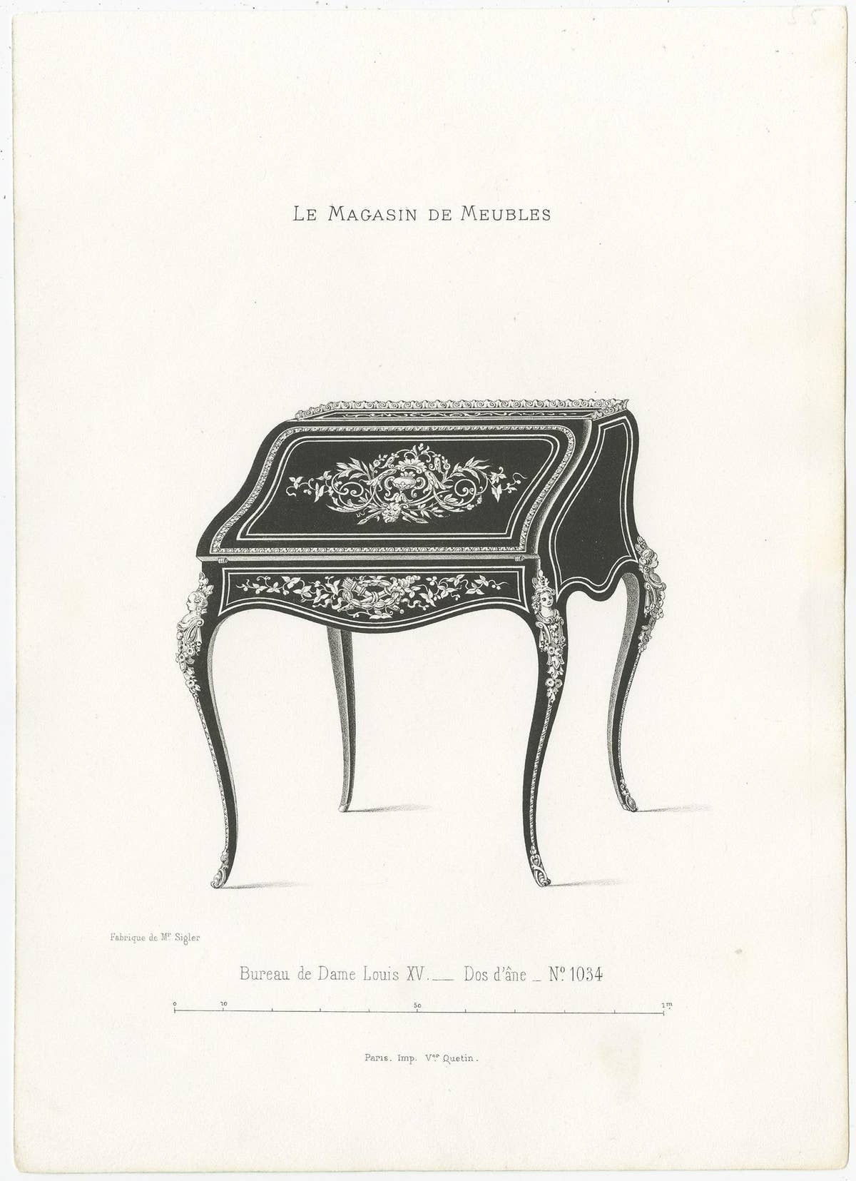 Set of 3 Antique Furniture Prints of Ladies Desks by Quetin, circa 1860