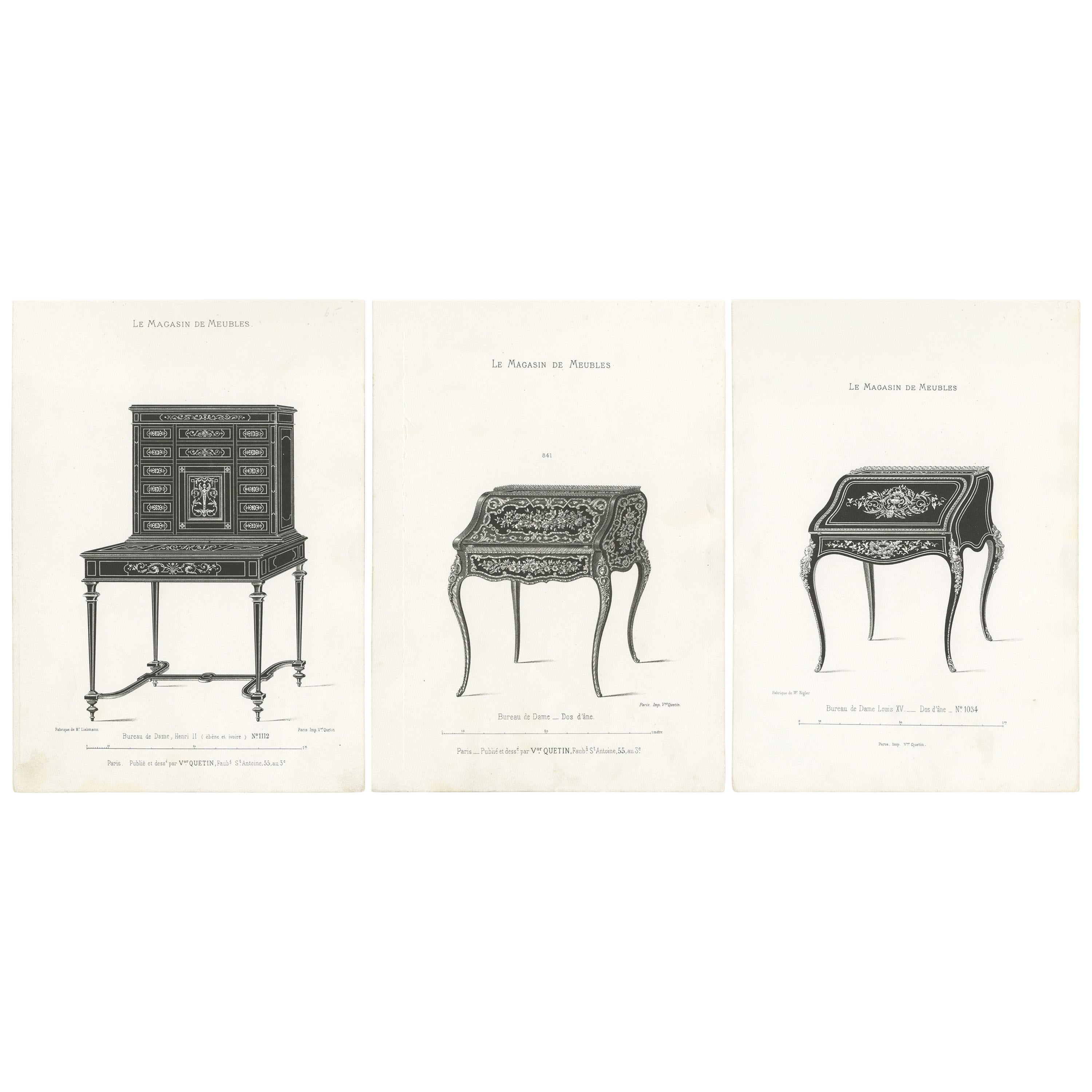 Set of 3 Antique Furniture Prints of Ladies Desks by Quetin, circa 1860 For Sale