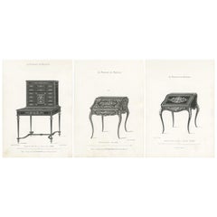 Set von 3 antiken Möbeldrucken von Damen Schreibtischen von Quetin, um 1860