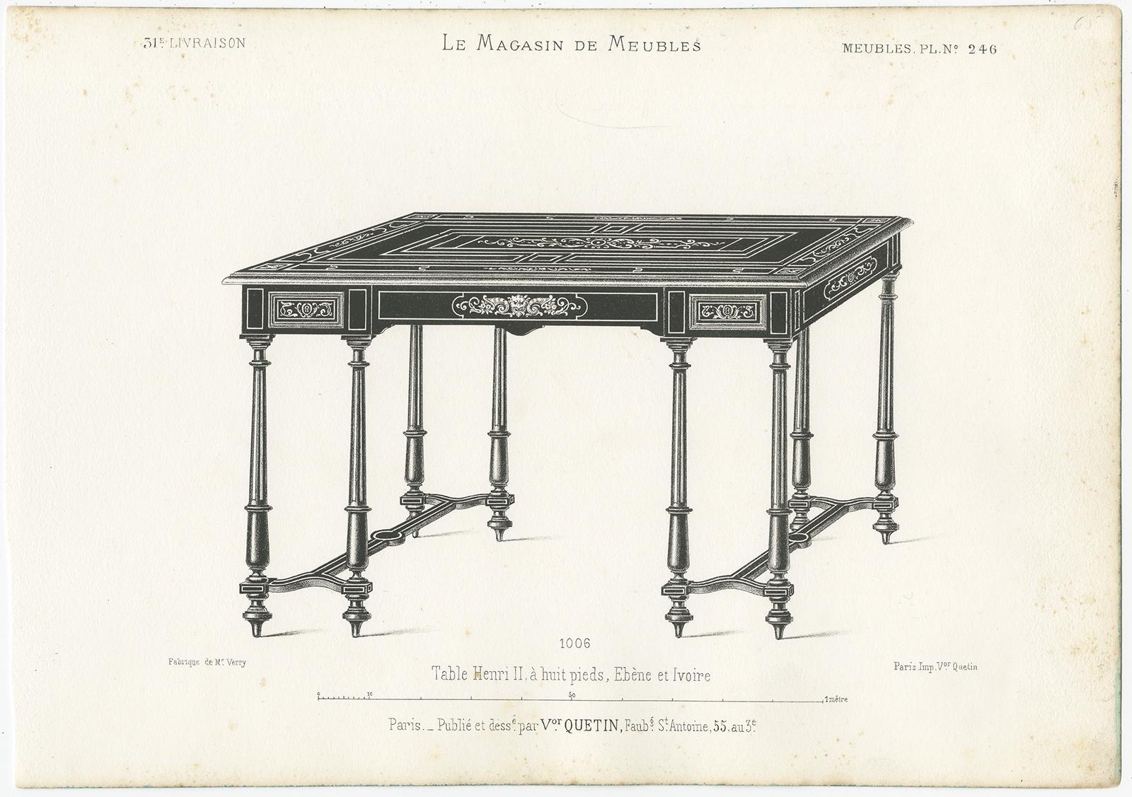 Set of three antique furniture prints depicting various tables. These prints originate from 'Le Magasin de Meubles' by Victor Quetion. Published in Paris, circa 1860.