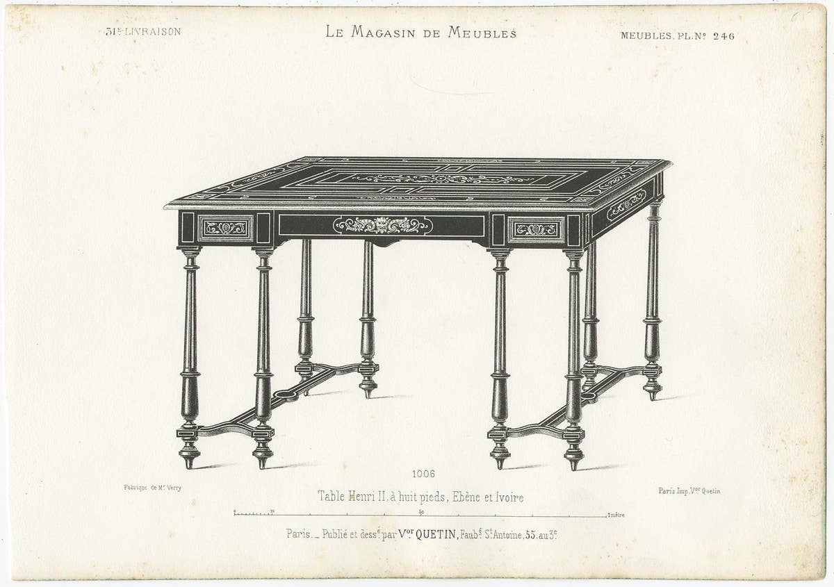 Set of 3 Antique Furniture Prints of Various Tables by Quetin, circa 1860