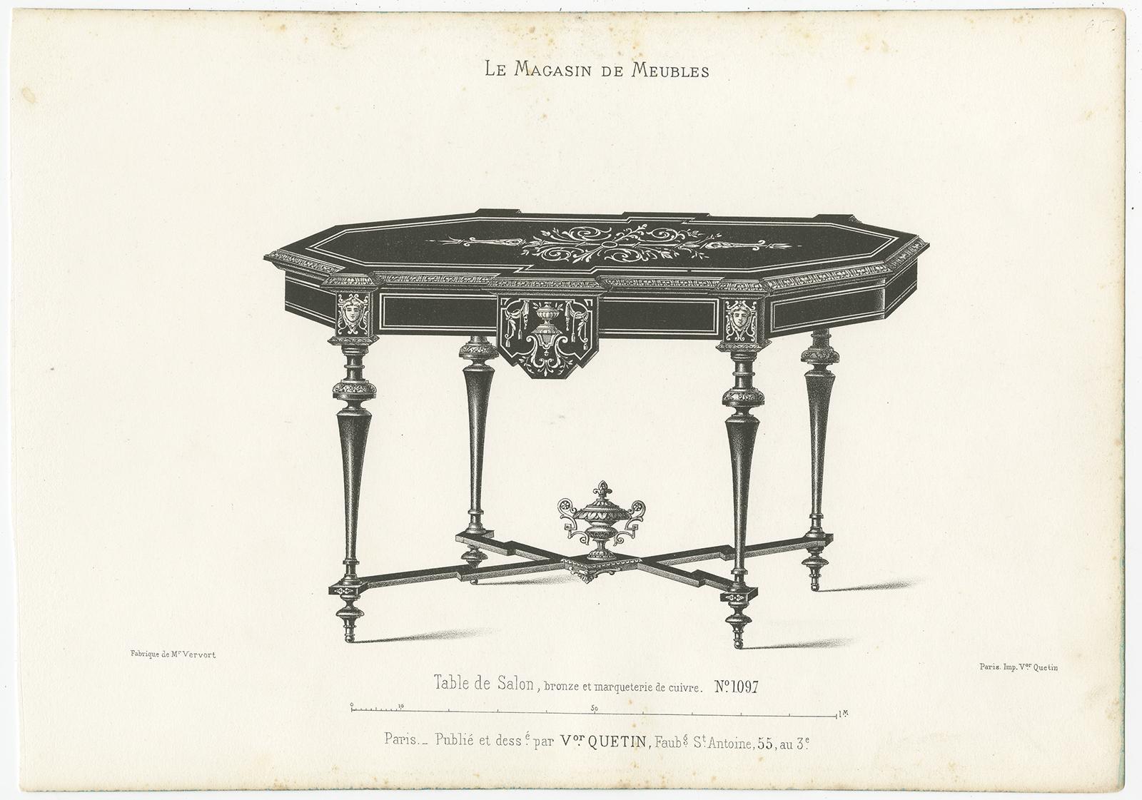 Set of 3 Antique Furniture Prints of Various Tables by Quetin, circa 1860 In Good Condition For Sale In Langweer, NL