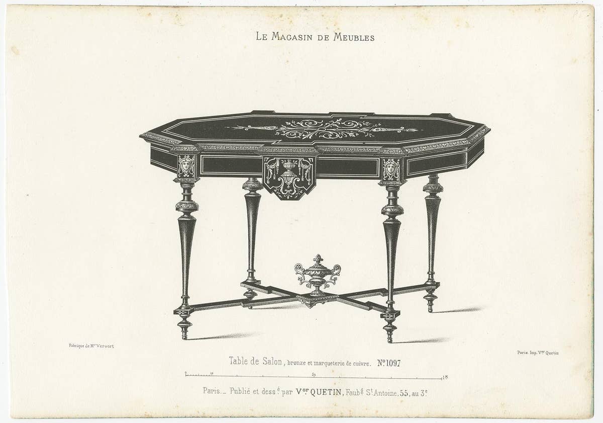 Set of 3 Antique Furniture Prints of Various Tables by Quetin, circa 1860