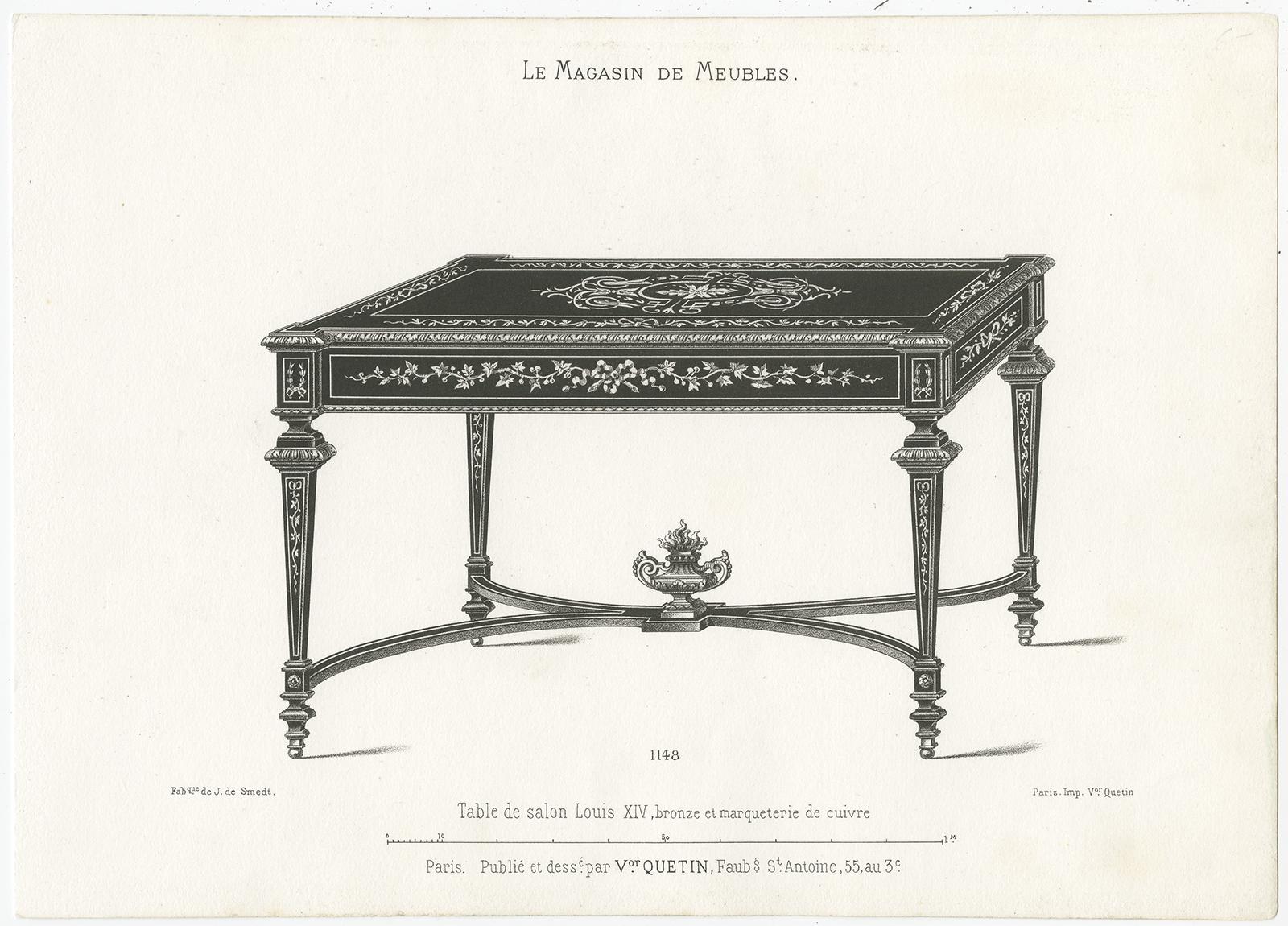 19th Century Set of 3 Antique Furniture Prints of Various Tables by Quetin, circa 1860 For Sale
