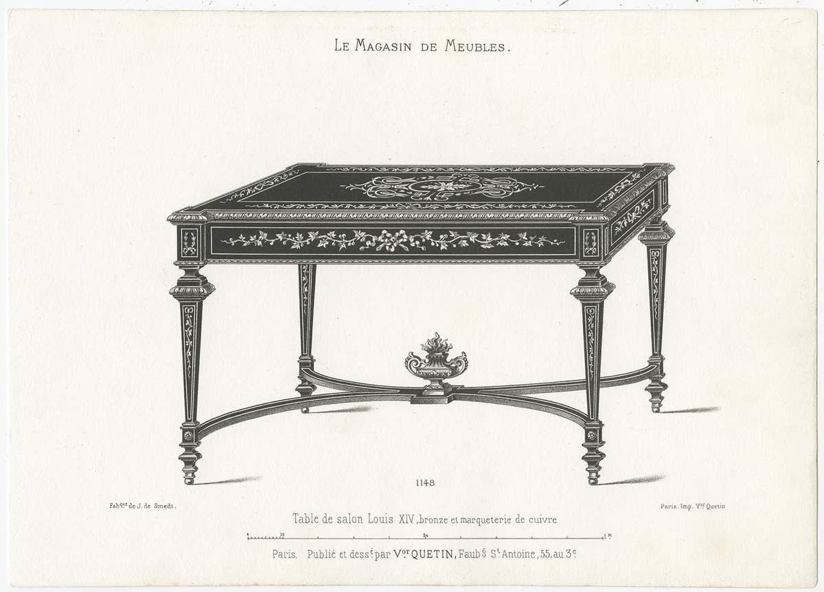 Set of 3 Antique Furniture Prints of Various Tables by Quetin, circa 1860