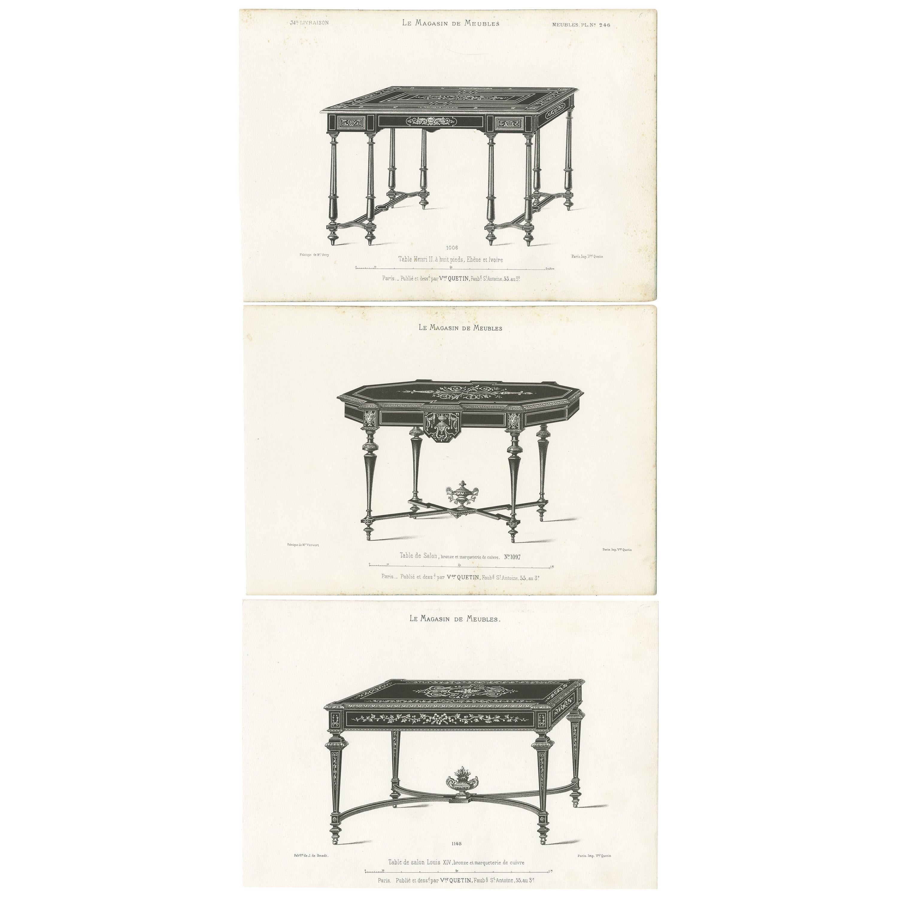 Ensemble de 3 estampes de meubles anciens de différentes tables par Quetin, vers 1860