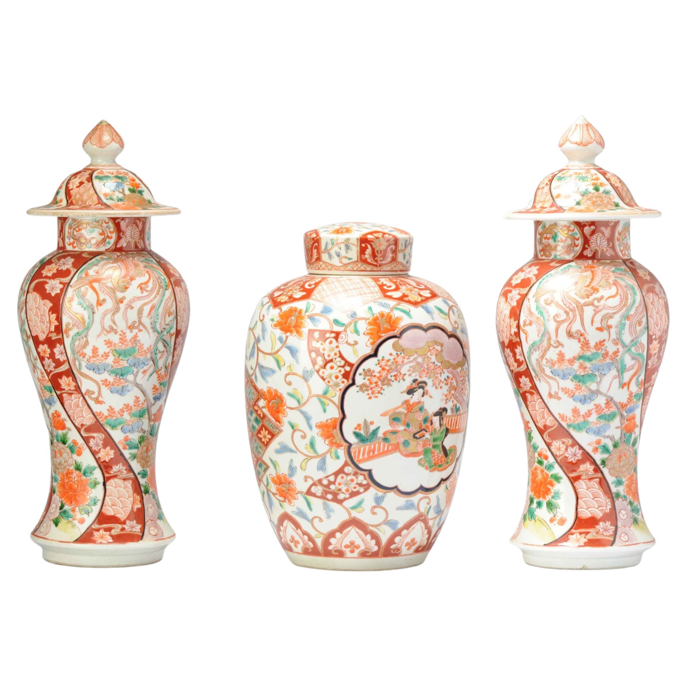Set of 3 Antique Garniture Japanese Arita Vases and a Ginger Jar, 19th Century For Sale