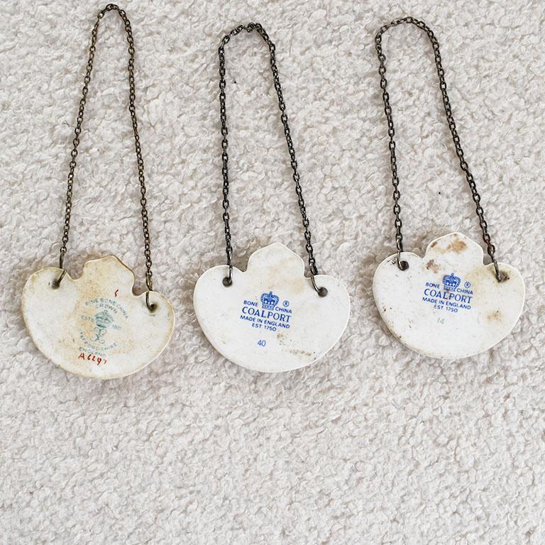 English Set of 3 Antique Hand Painted Bone China Liquor Bottle Tags by Coalport England For Sale