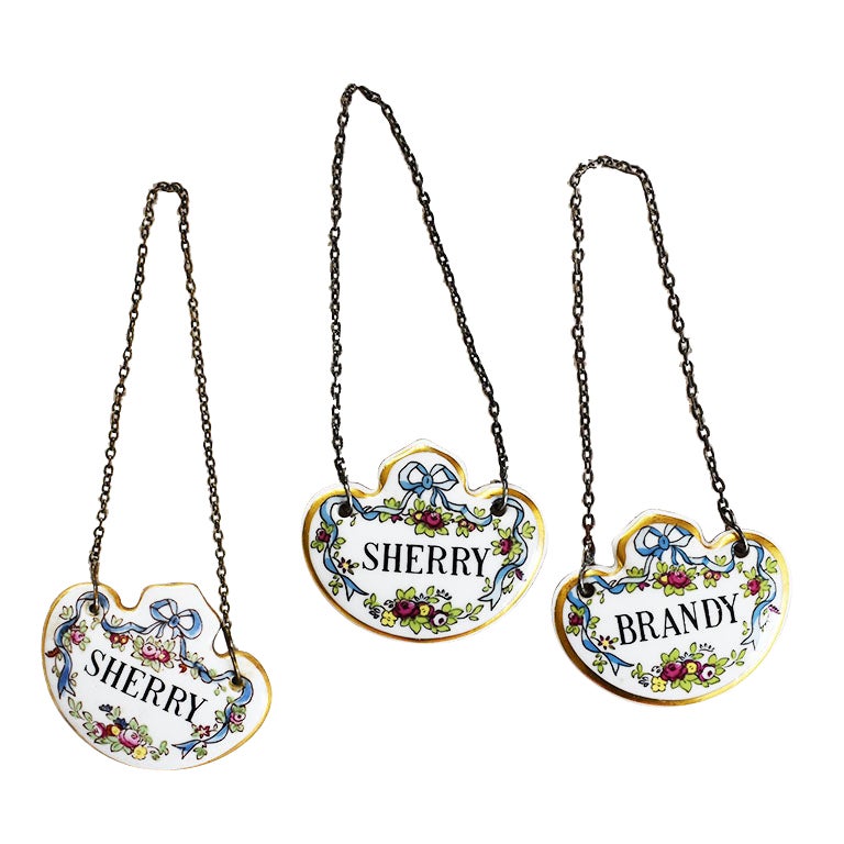 Ensemble de 3 étiquettes de bouteille de liqueur en porcelaine peinte à la main par Coalport England