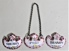 Set of 3 Antique Hand Painted Enamel Liquor Bottle Tags with Floral Motif