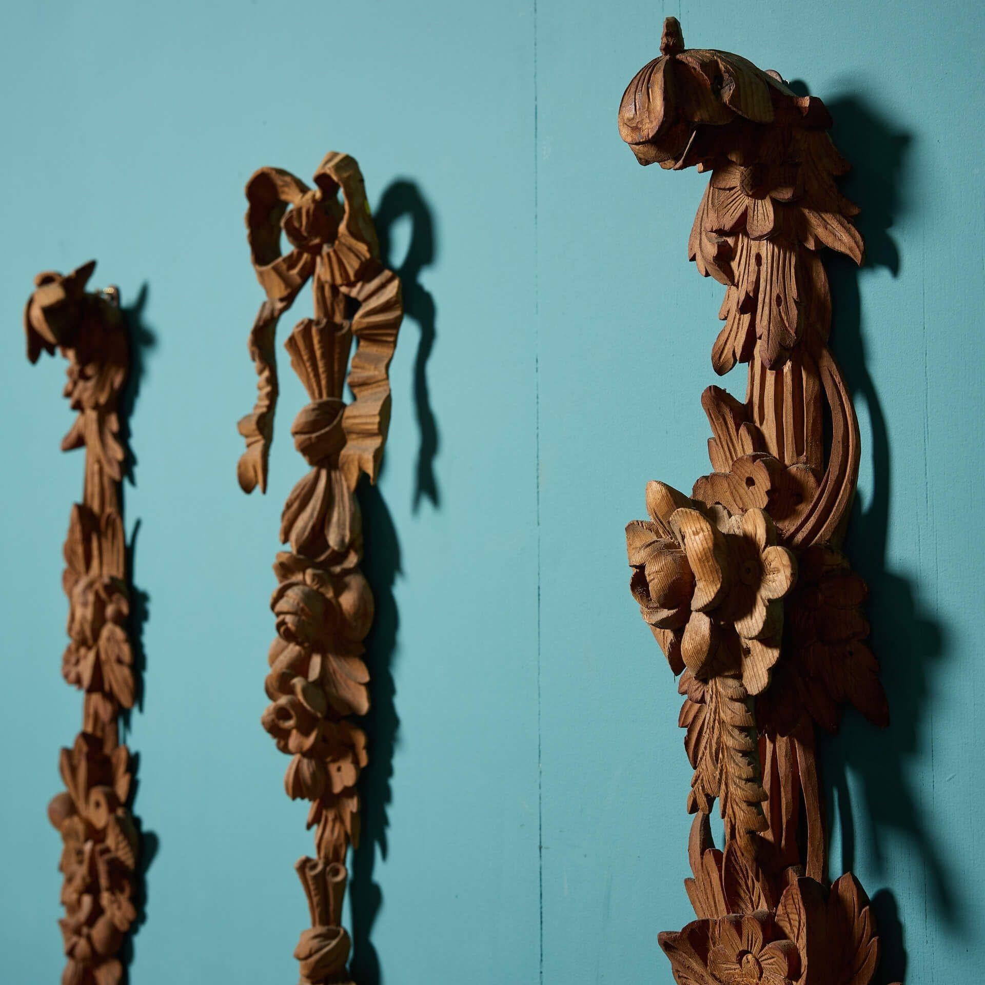 English Set of 3 Antique Handcarved Floral Architectural Elements For Sale