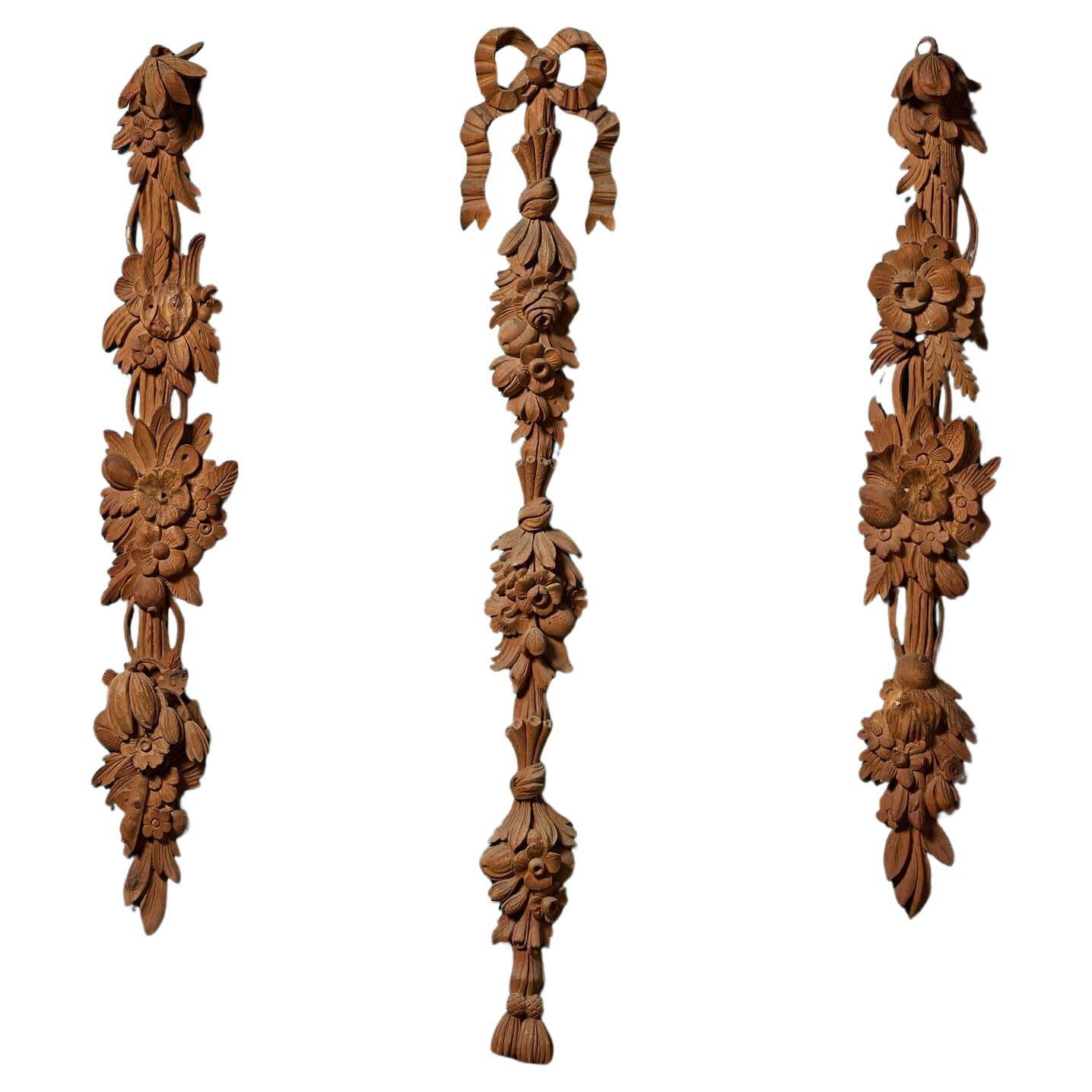 Set of 3 Antique Handcarved Floral Architectural Elements For Sale