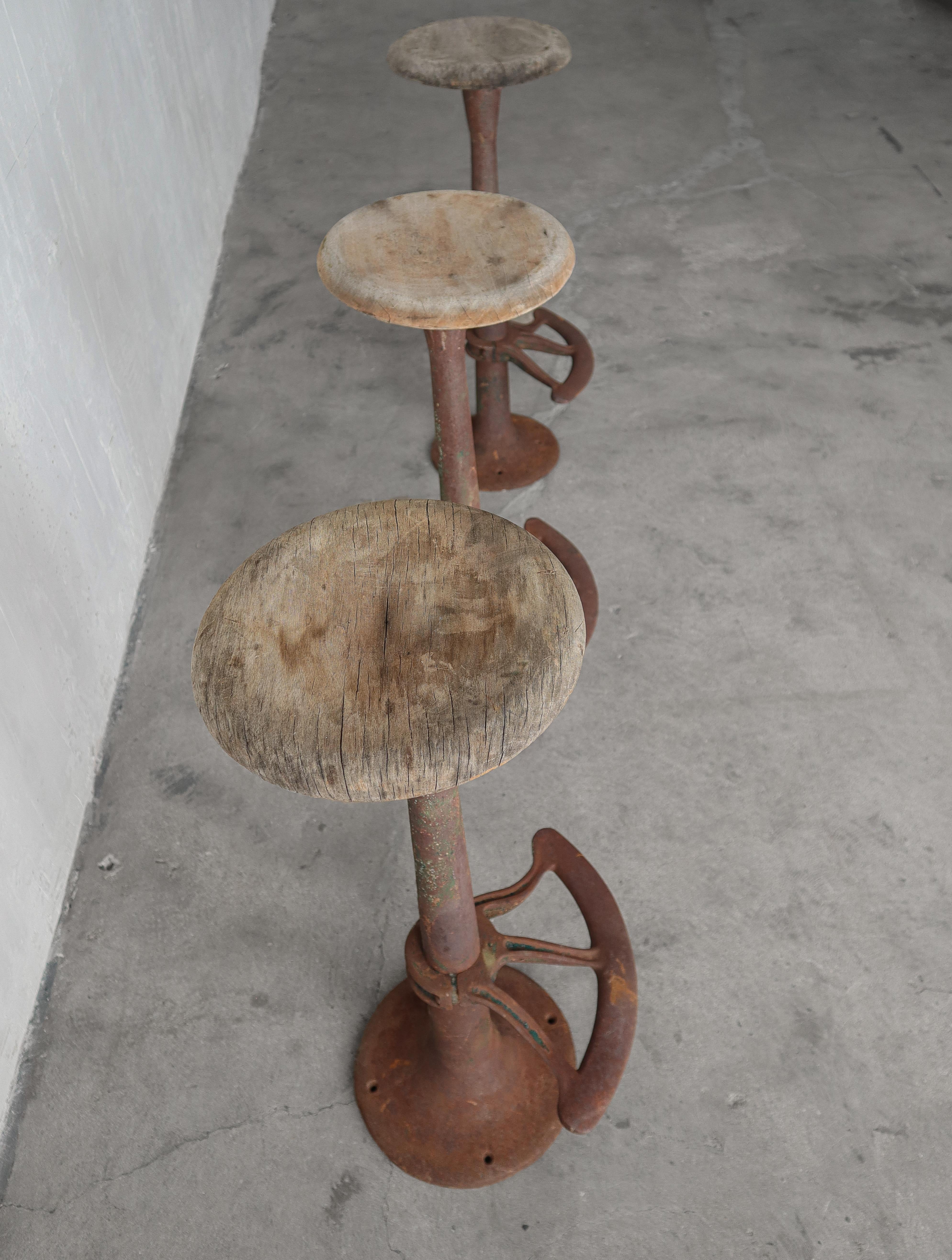20th Century Set of 3 Antique Industrial Swivel Barstools For Sale