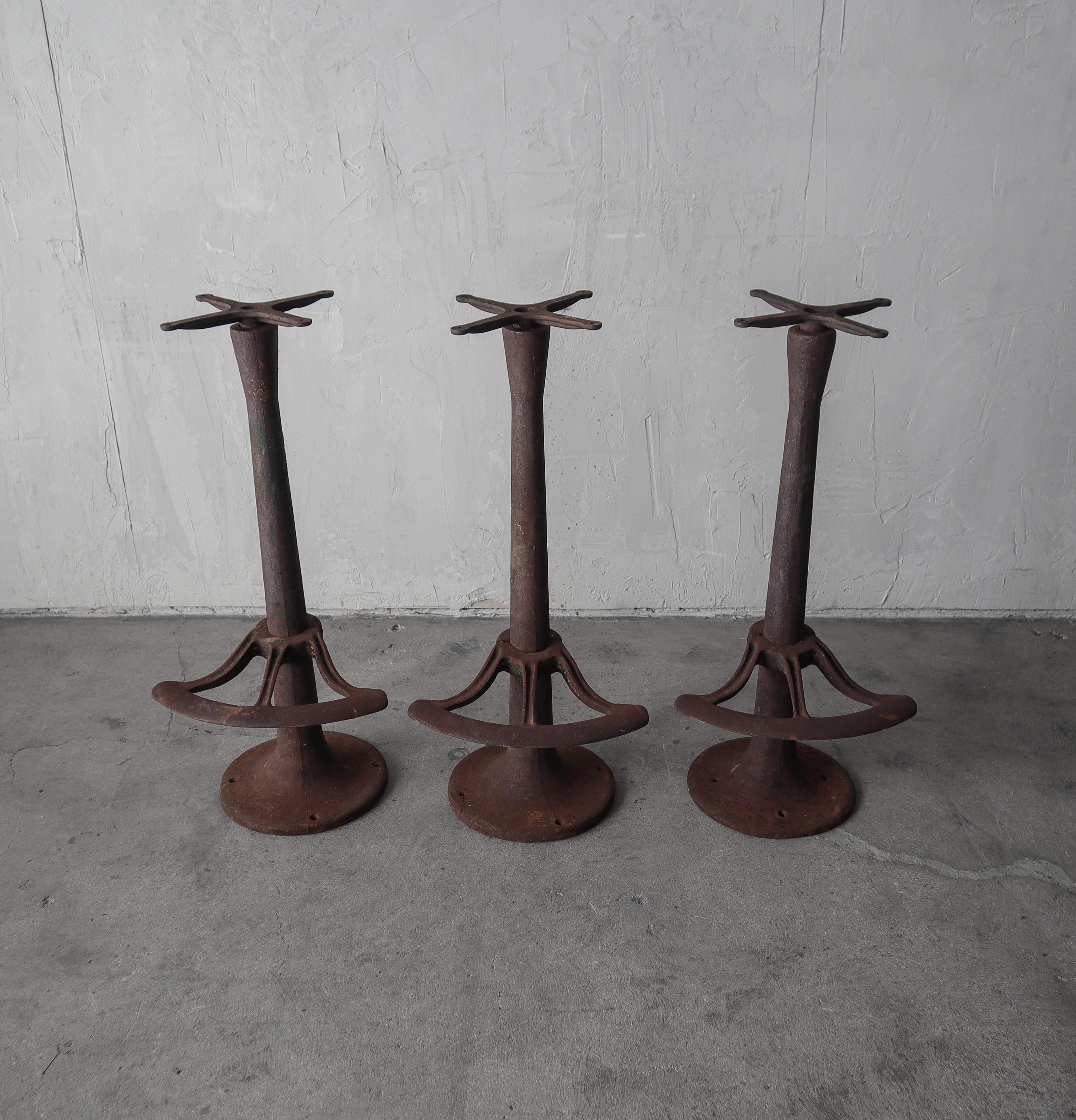 Steel Set of 3 Antique Industrial Swivel Barstools For Sale